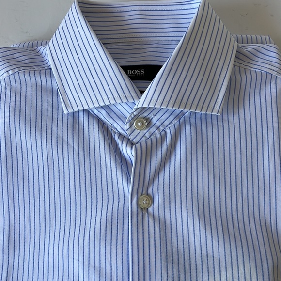 Boss Hugo Boss Dress Shirt Sharp Fit Blue White Stripe 15 32/33 New - Picture 2 of 12
